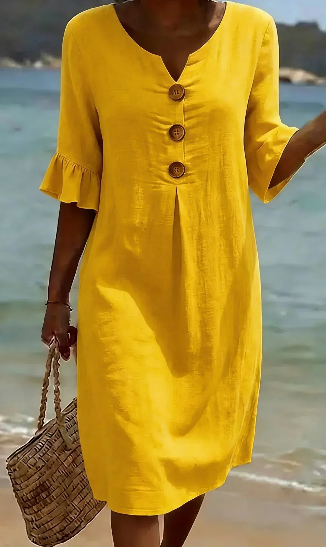 Naomi | Vestido Recto de Lino con Mangas Abullonadas