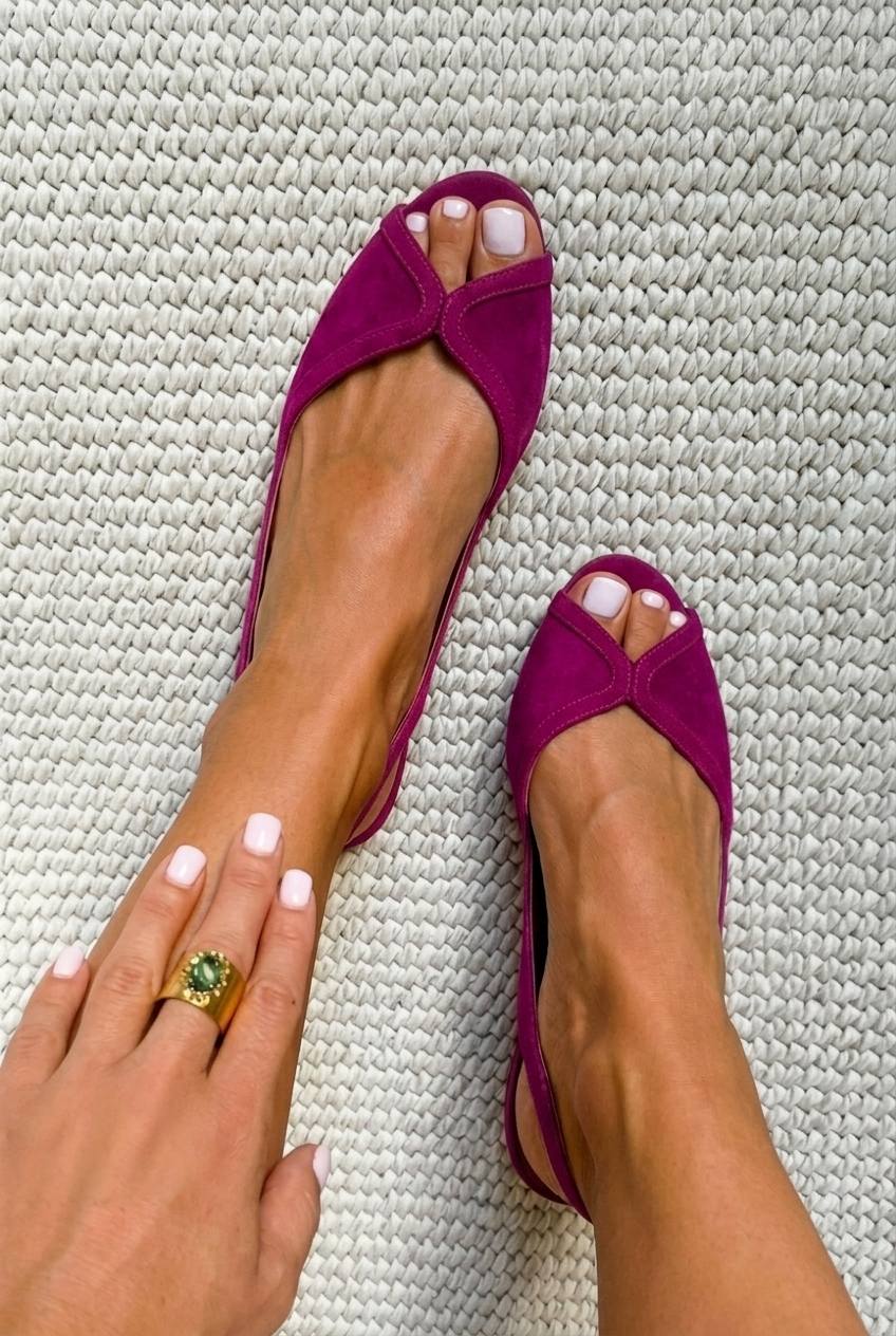 Bailarinas Slingback de Punta Abierta de Ante Chic Fucsia