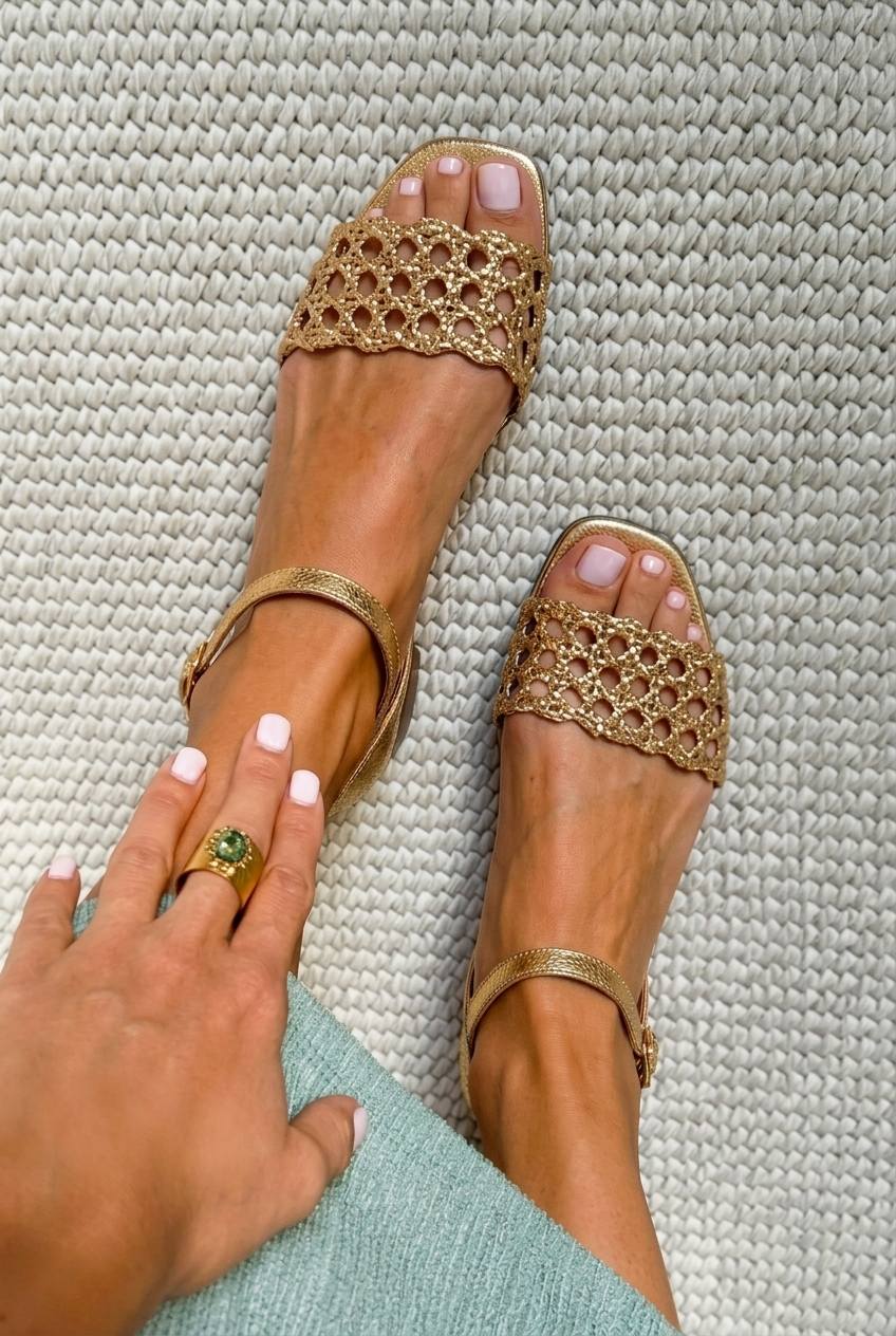 Sandalias Trenzadas Metalizadas Chic Planas Doradas de Punta Cuadrada