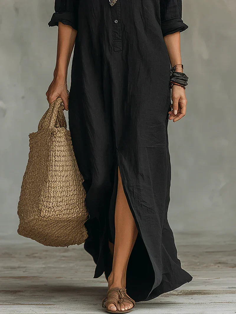 Celia™ | Vestido Maxi Negro Amplio con Botones