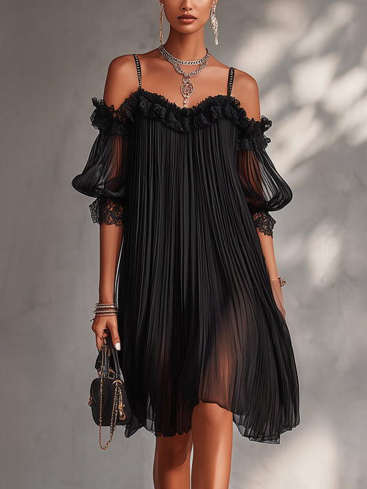 Vittoria | Mini Vestido Negro de Chifón con Hombros al Descubierto y Bordado