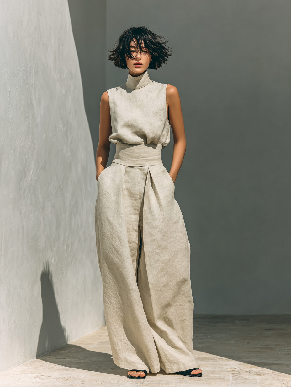 Conjunto Minimalista de Blusa Sin Mangas y Pantalón Ancho de Algodón y Lino
