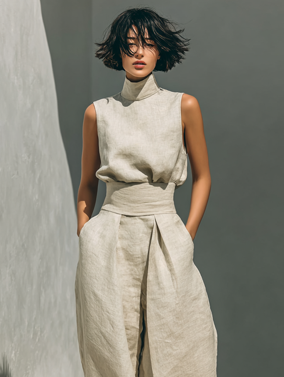 Conjunto Minimalista de Blusa Sin Mangas y Pantalón Ancho de Algodón y Lino
