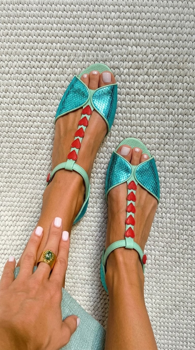 Sandalias Peep Toe Planas Azul Petróleo y Rojo con Tira en T y Corazón