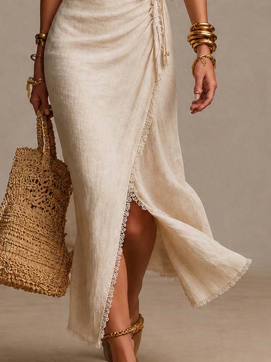Bianca Vestido Midi de Lino Cruzado con Encaje