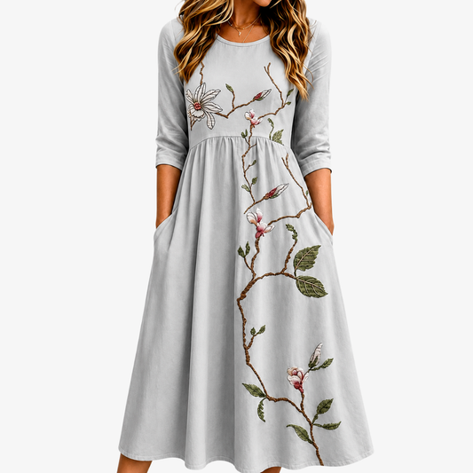 Vestido Midi Floral Gris Plateado con Bolsillos