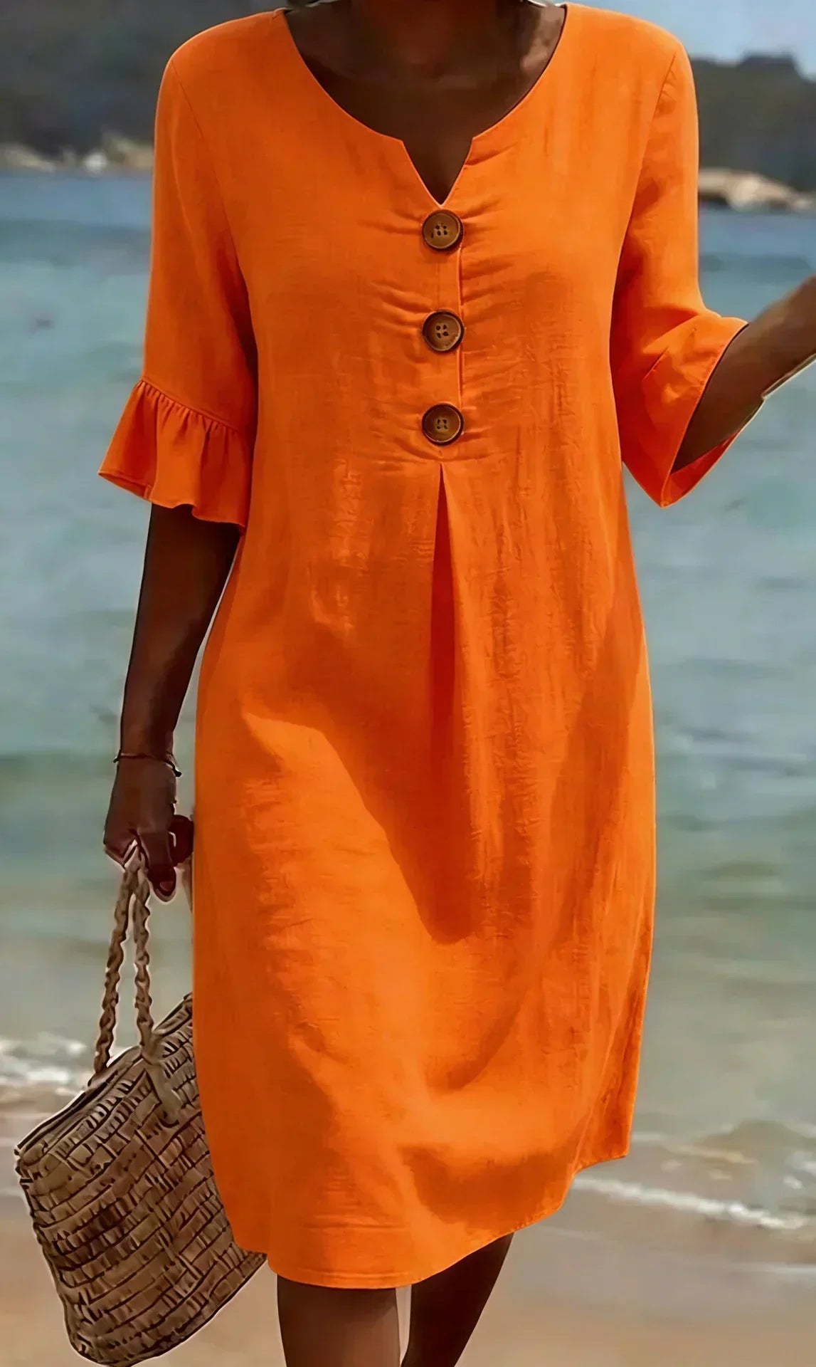Naomi | Vestido Recto de Lino con Mangas Abullonadas