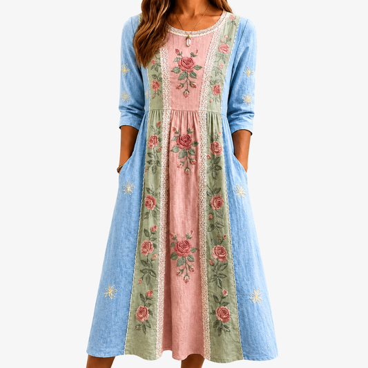 Vestido Patchwork de Rosas Vintage con Bolsillos
