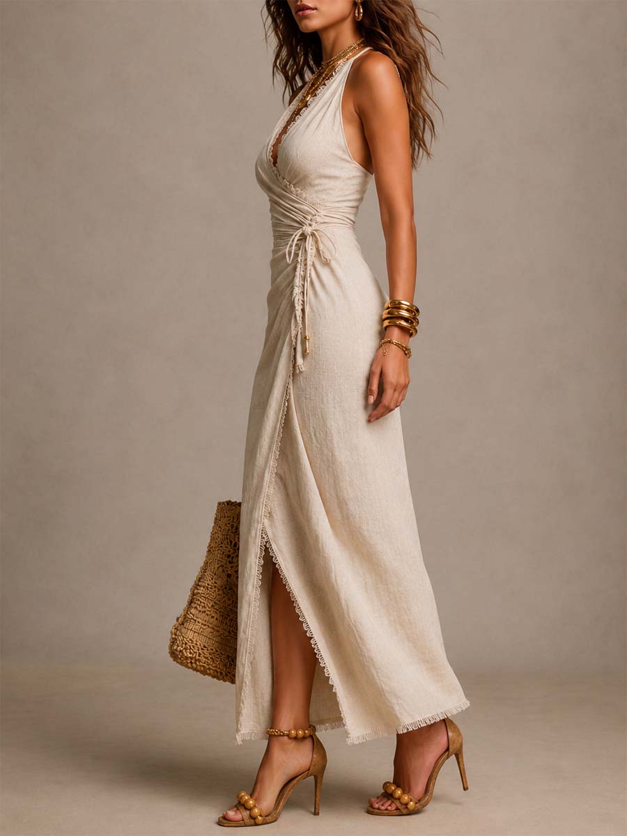 Bianca Vestido Midi de Lino Cruzado con Encaje