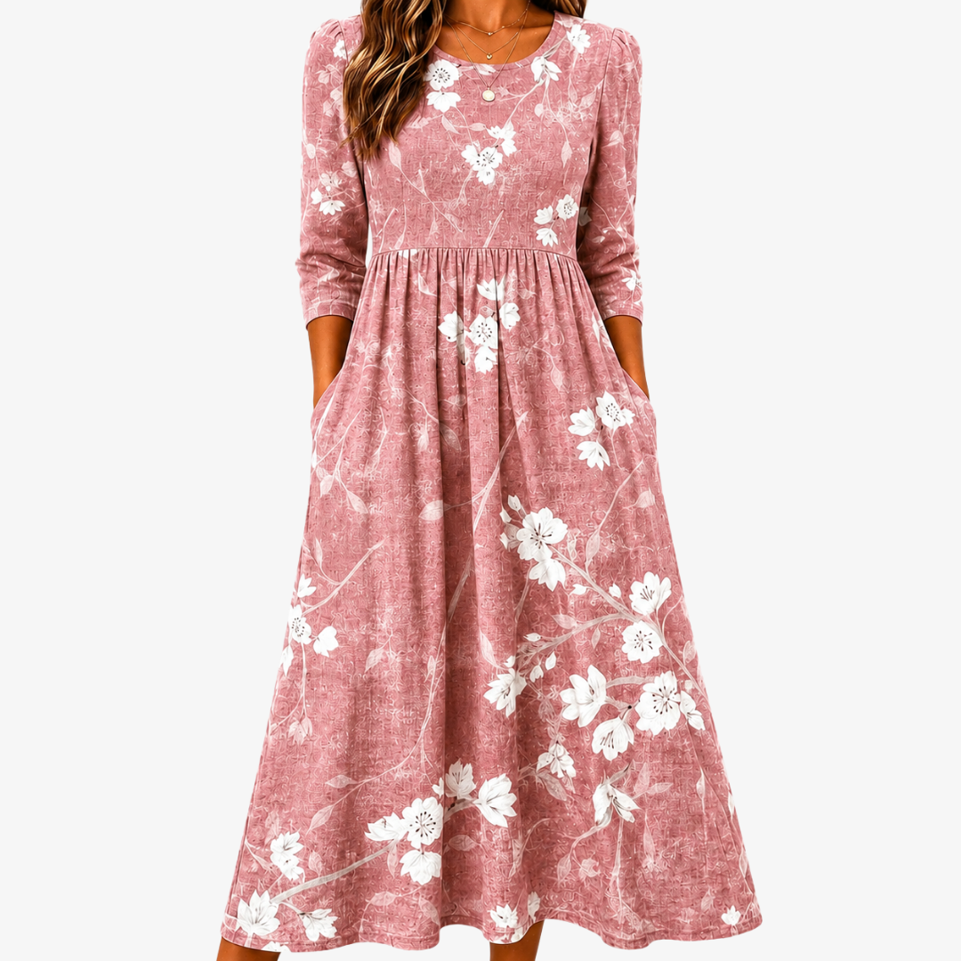 Vestido Midi Floral Rosa Palo con Bolsillos