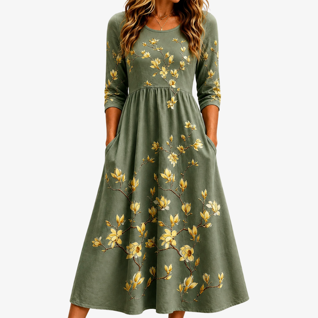 Vestido Midi Floral Verde Salvia con Bolsillos