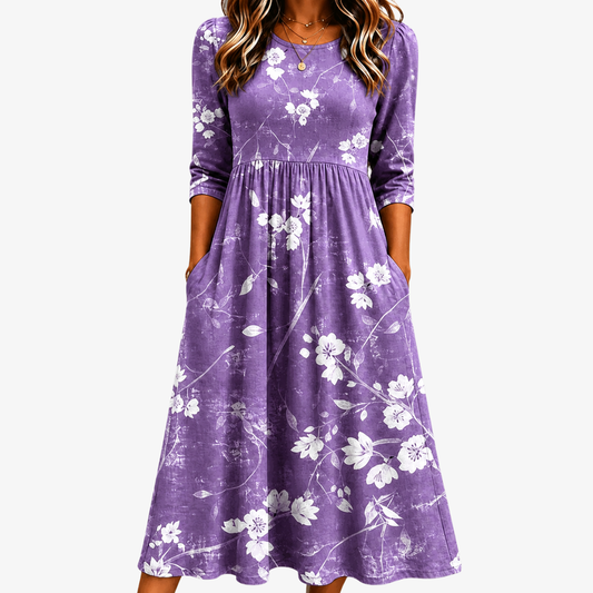 Vestido Midi Floral Lavanda Cómodo con Bolsillos