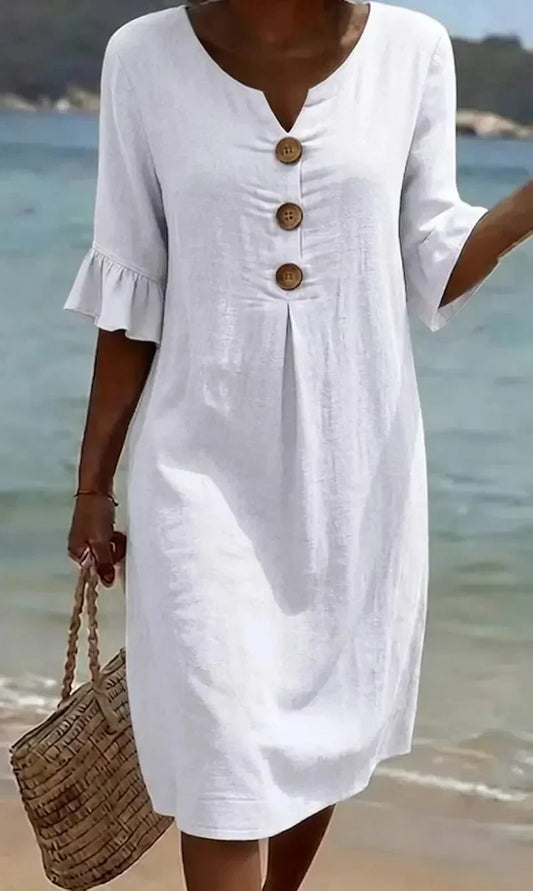Naomi | Vestido Recto de Lino con Mangas Abullonadas