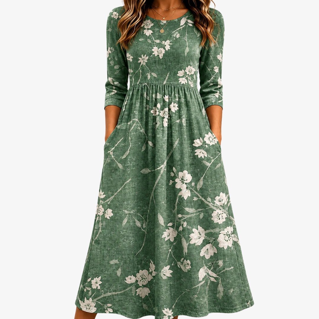 Vestido Midi Floral Verde Relajado con Bolsillos