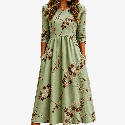 Vestido Midi Floral Verde Salvia con Bolsillos