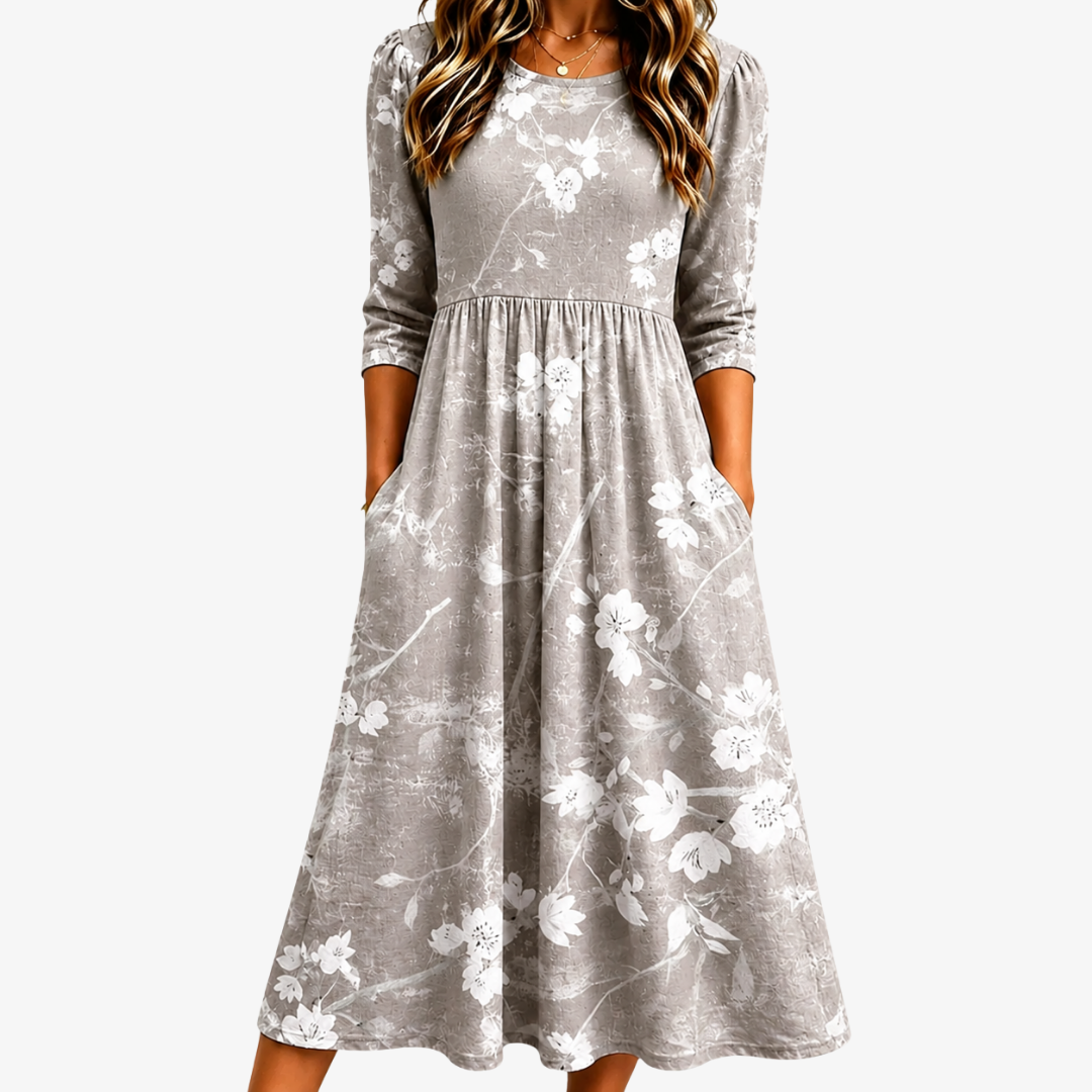Vestido Midi Floral Gris Perla con Bolsillos
