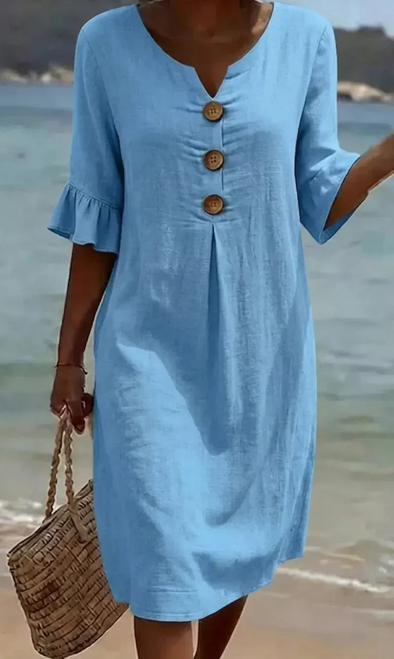 Naomi | Vestido Recto de Lino con Mangas Abullonadas