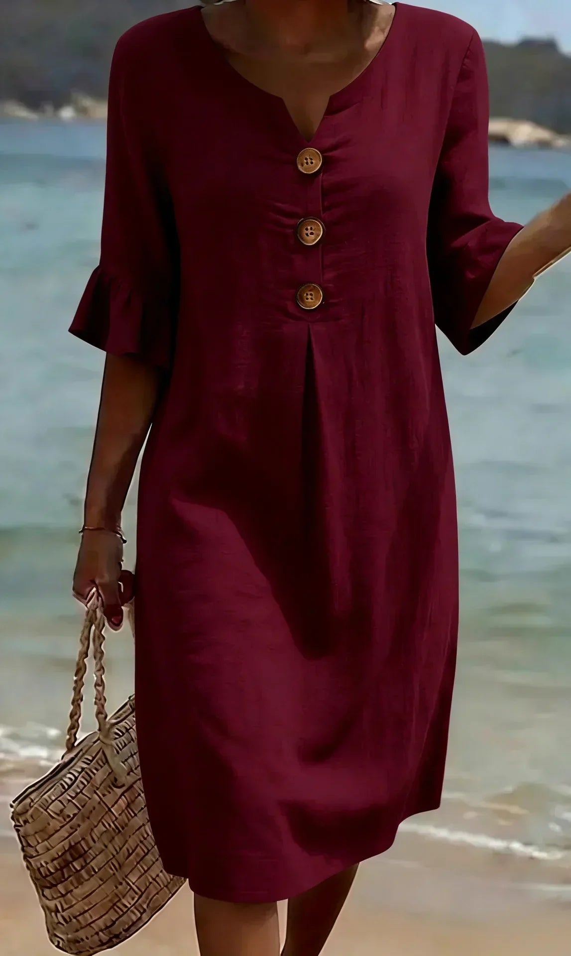 Naomi | Vestido Recto de Lino con Mangas Abullonadas