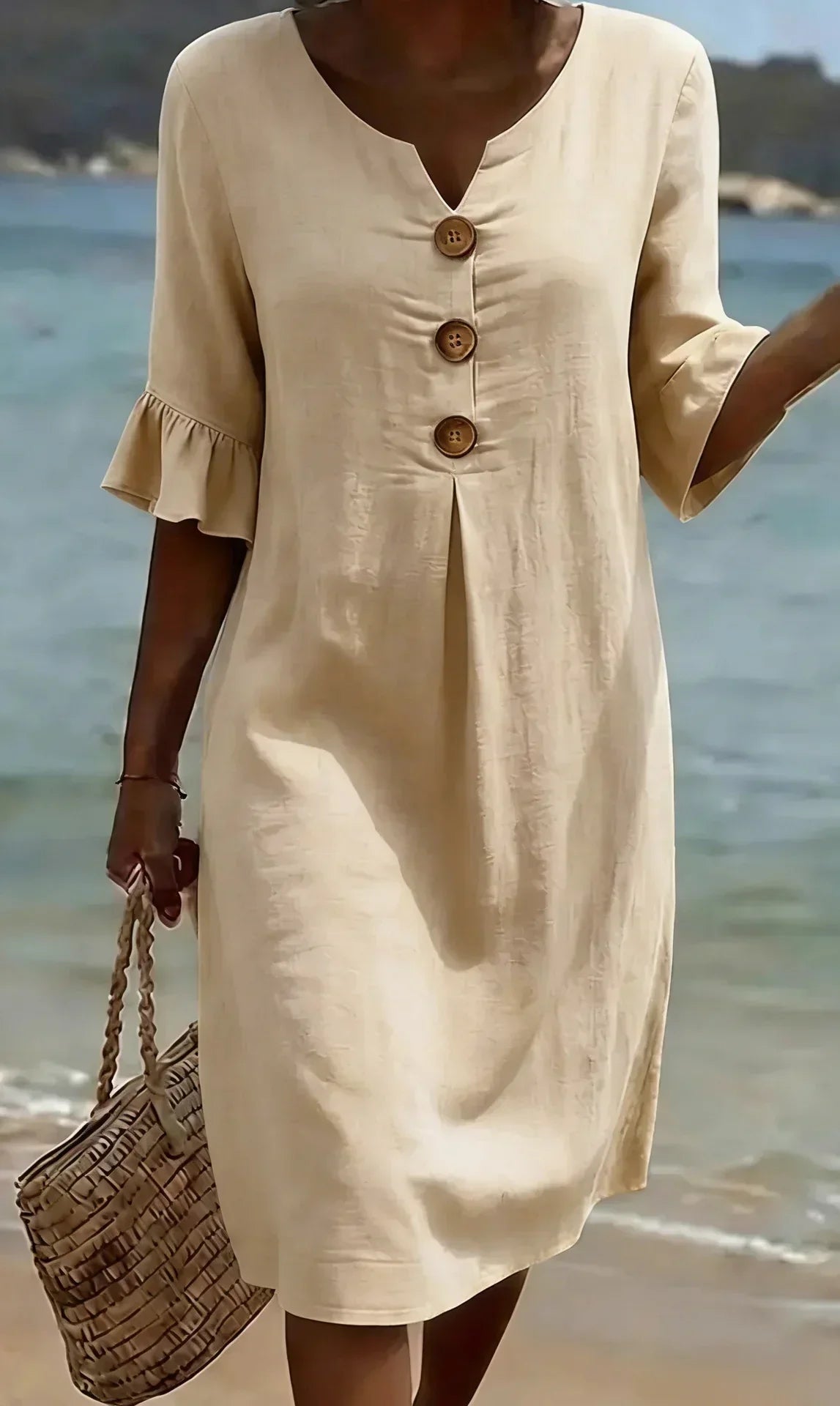 Naomi | Vestido Recto de Lino con Mangas Abullonadas