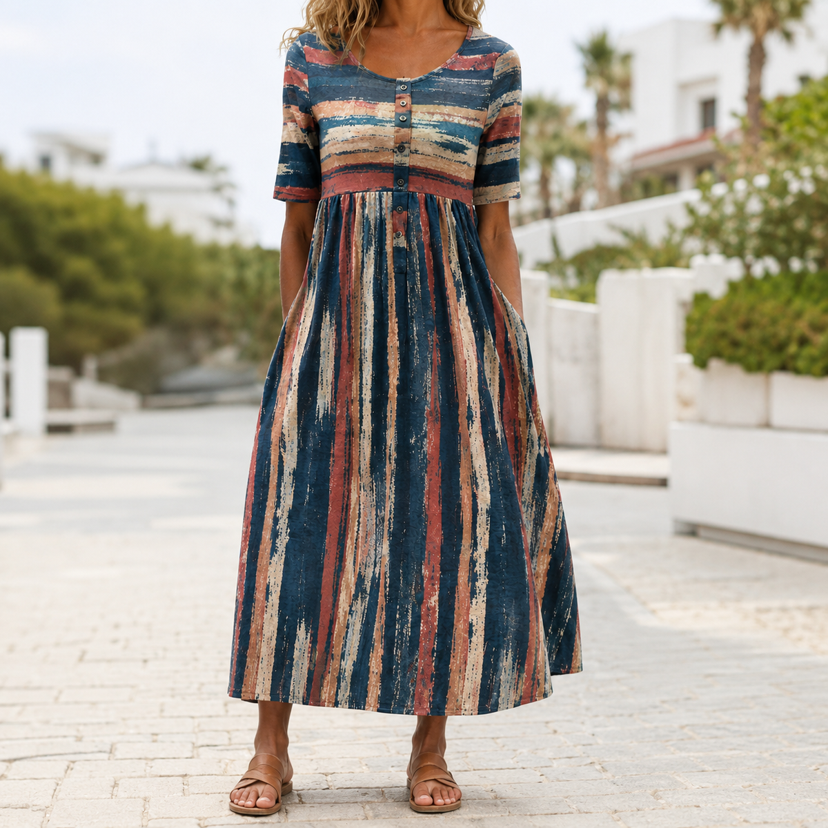 HOLLY | VESTIDO MIDI DE RAYAS ELEGANTE QUE DISIMULA EL VIENTRE