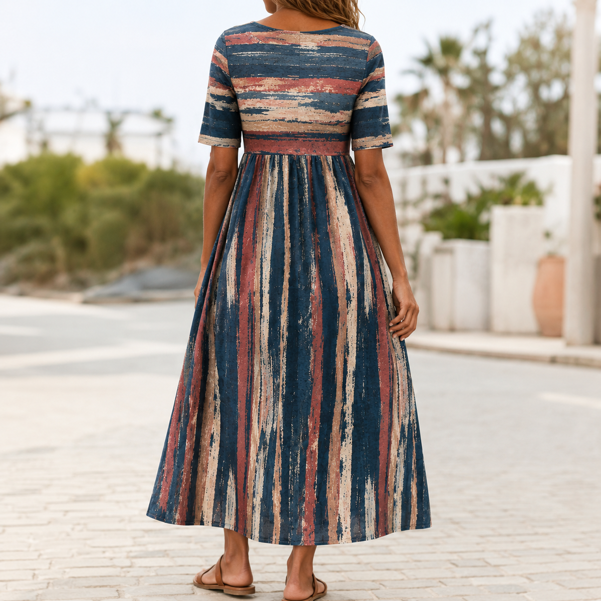 HOLLY | VESTIDO MIDI DE RAYAS ELEGANTE QUE DISIMULA EL VIENTRE