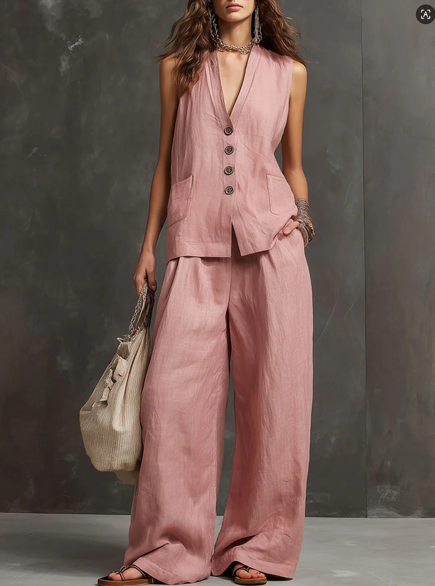 Conjunto de Algodón y Lino con Chaleco Sin Mangas y Pantalón Ancho