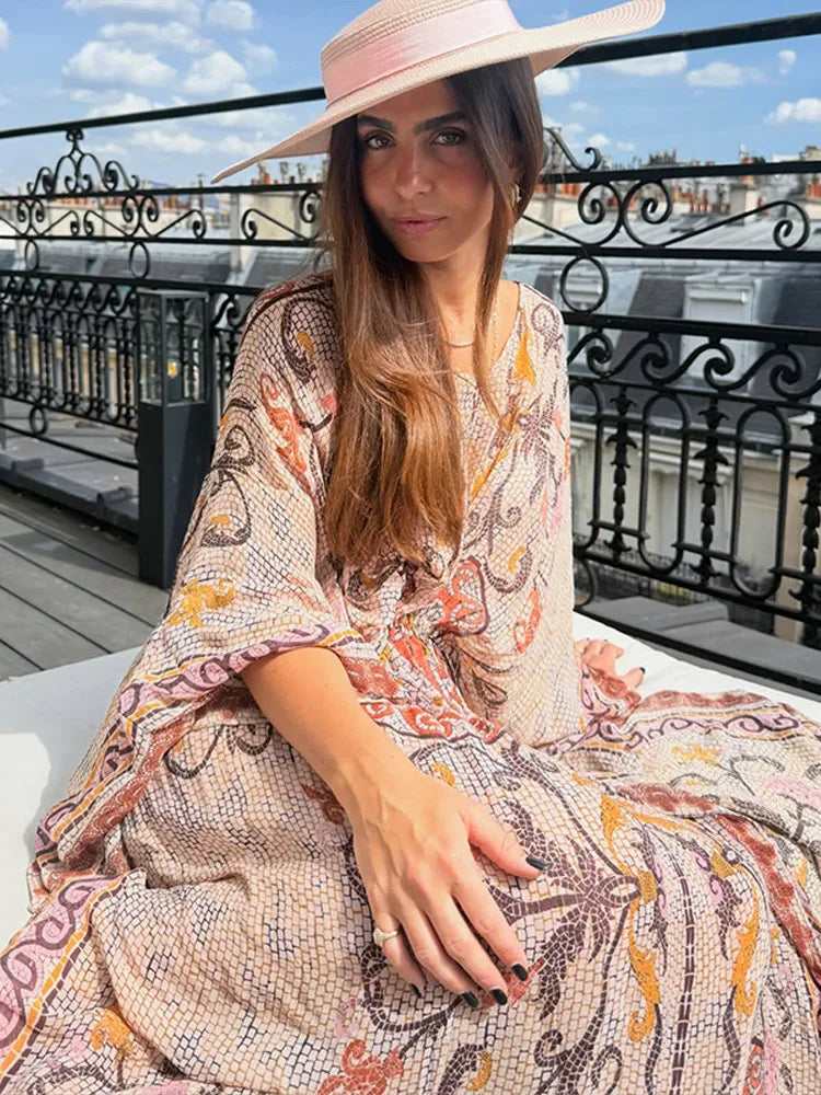Vivienne | Vestido Maxi Estampado con Escote en V y Mangas Murciélago