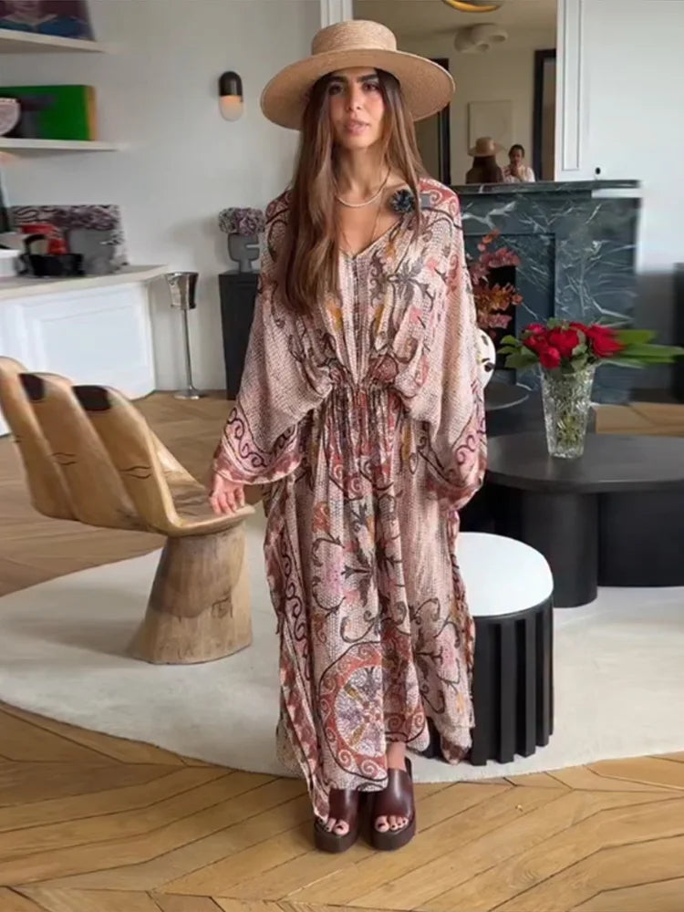 Vivienne | Vestido Maxi Estampado con Escote en V y Mangas Murciélago