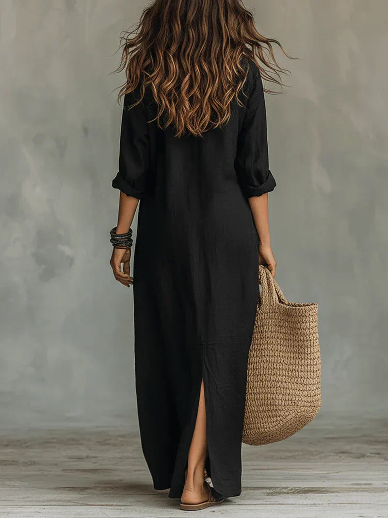 Celia™ | Vestido Maxi Negro Amplio con Botones