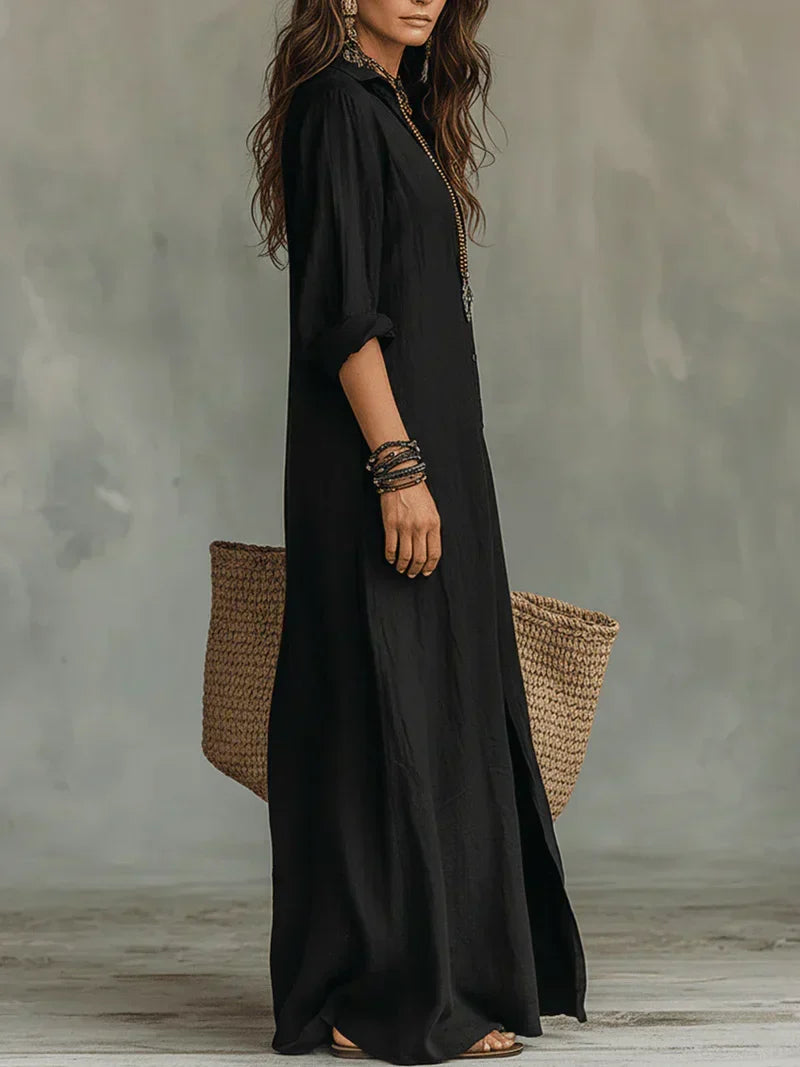 Celia™ | Vestido Maxi Negro Amplio con Botones