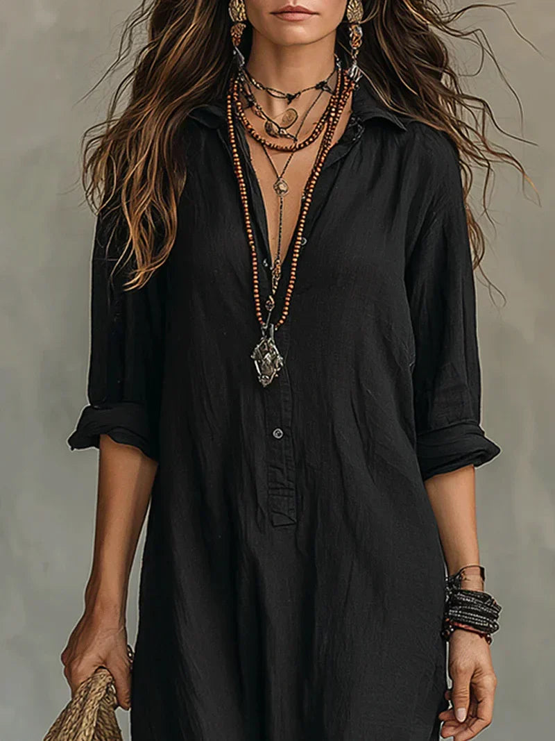 Celia™ | Vestido Maxi Negro Amplio con Botones