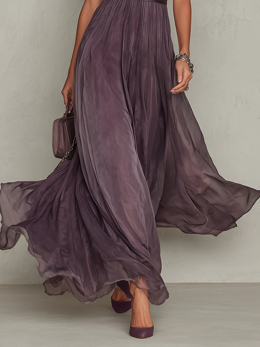 Flavia | Vestido Largo Morado con Escote de Ojo de Cerradura y Ribete de Encaje en Chifón