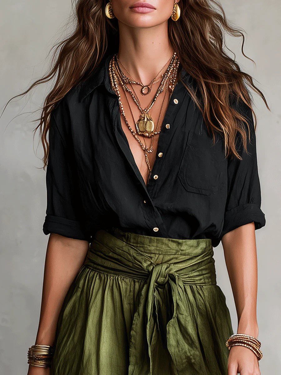 Rocío | Conjunto de Dos Piezas: Top Negro y Falda Midi Verde Oliva