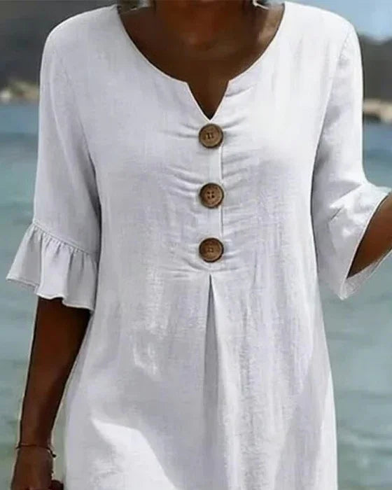 Naomi | Vestido Recto de Lino con Mangas Abullonadas