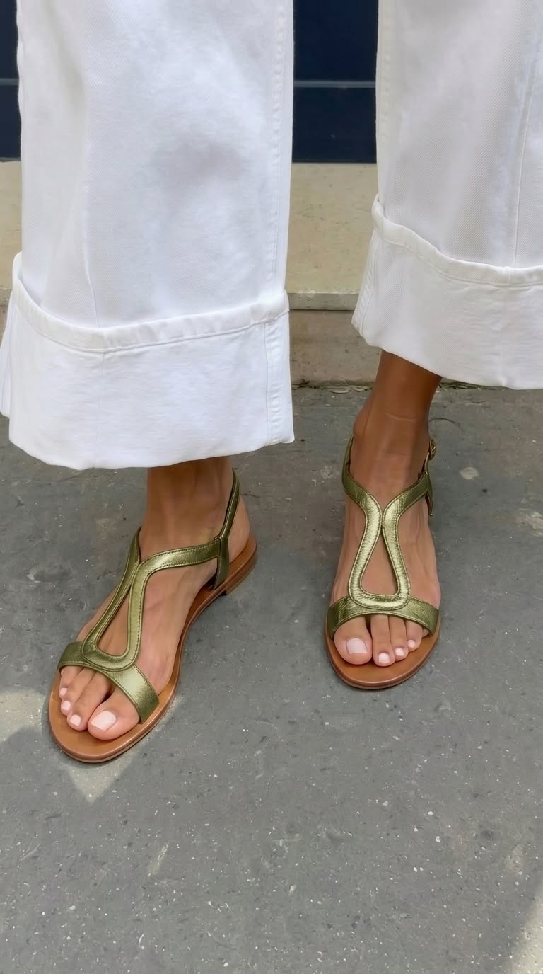 Sandalias Slingback Cut-Out Metalizadas Casual Planas Doradas