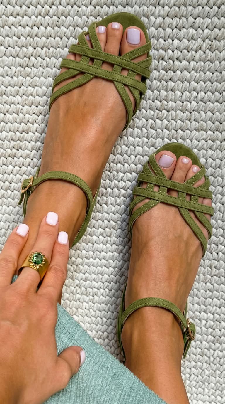 Sandalias de Ante Planas Cuero con Hebilla al Tobillo y Tiras Múltiples