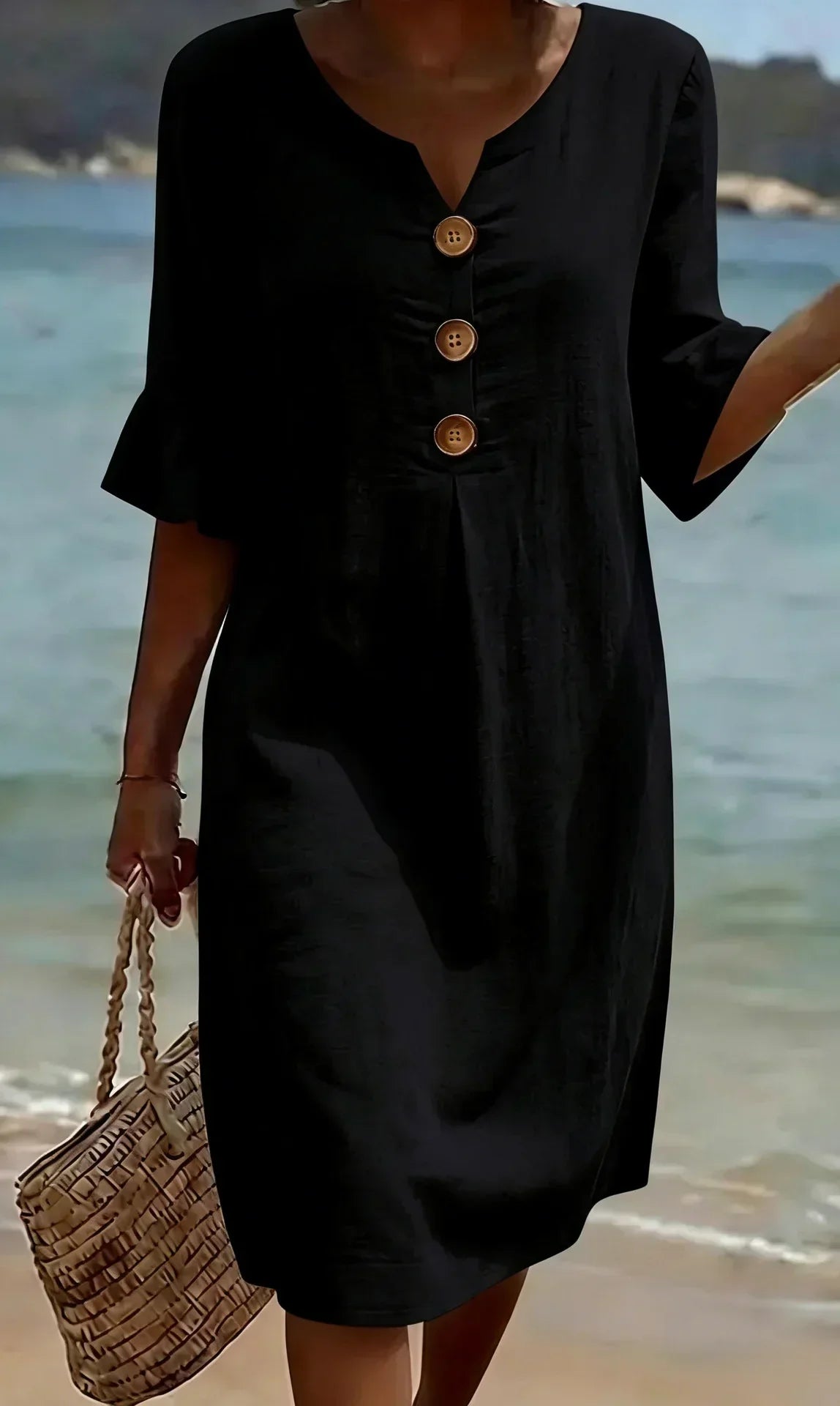 Naomi | Vestido Recto de Lino con Mangas Abullonadas
