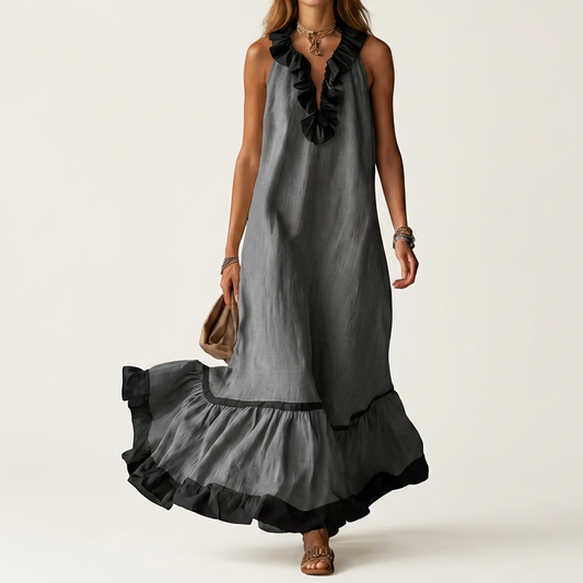 Serafina | Vestido Maxi sin Mangas con Cuello de Volantes y Ribete Contraste