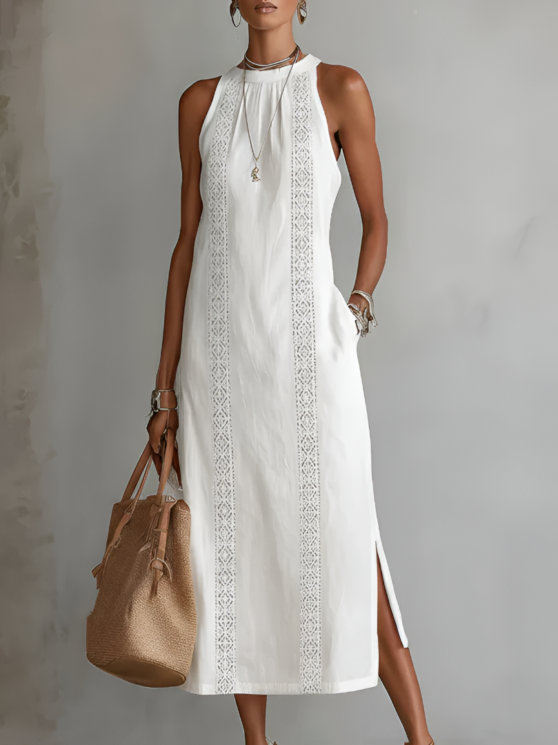 Jimena | Vestido Midi Relajado Bordado con Cuello Mao