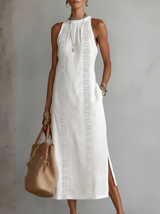 Jimena | Vestido Midi Relajado Bordado con Cuello Mao
