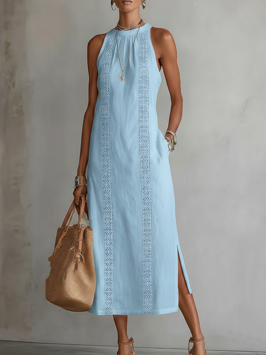 Jimena | Vestido Midi Relajado Bordado con Cuello Mao