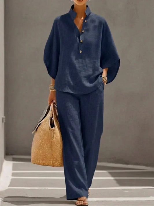 Sofía | Conjunto de Efecto Lino con Mangas Murciélago y Pantalón Ancho