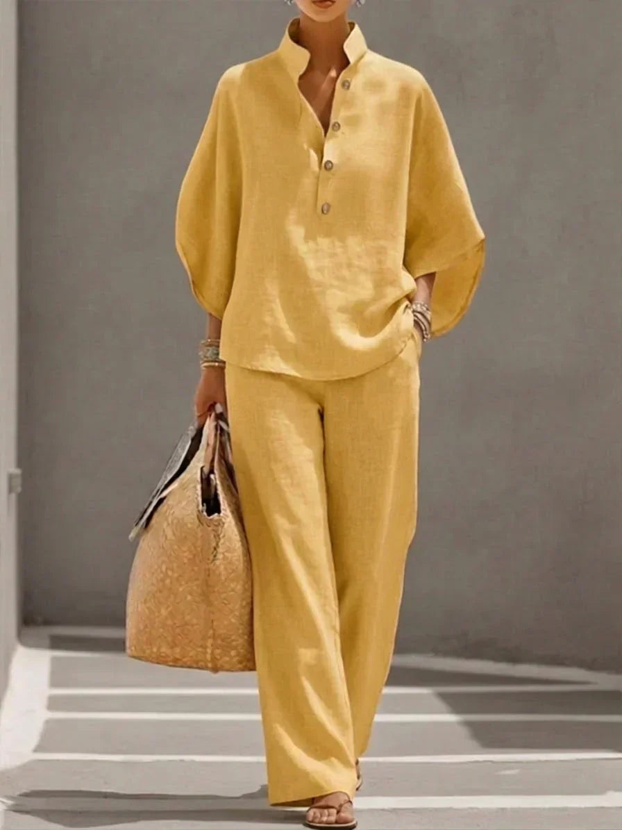 Sofía | Conjunto de Efecto Lino con Mangas Murciélago y Pantalón Ancho