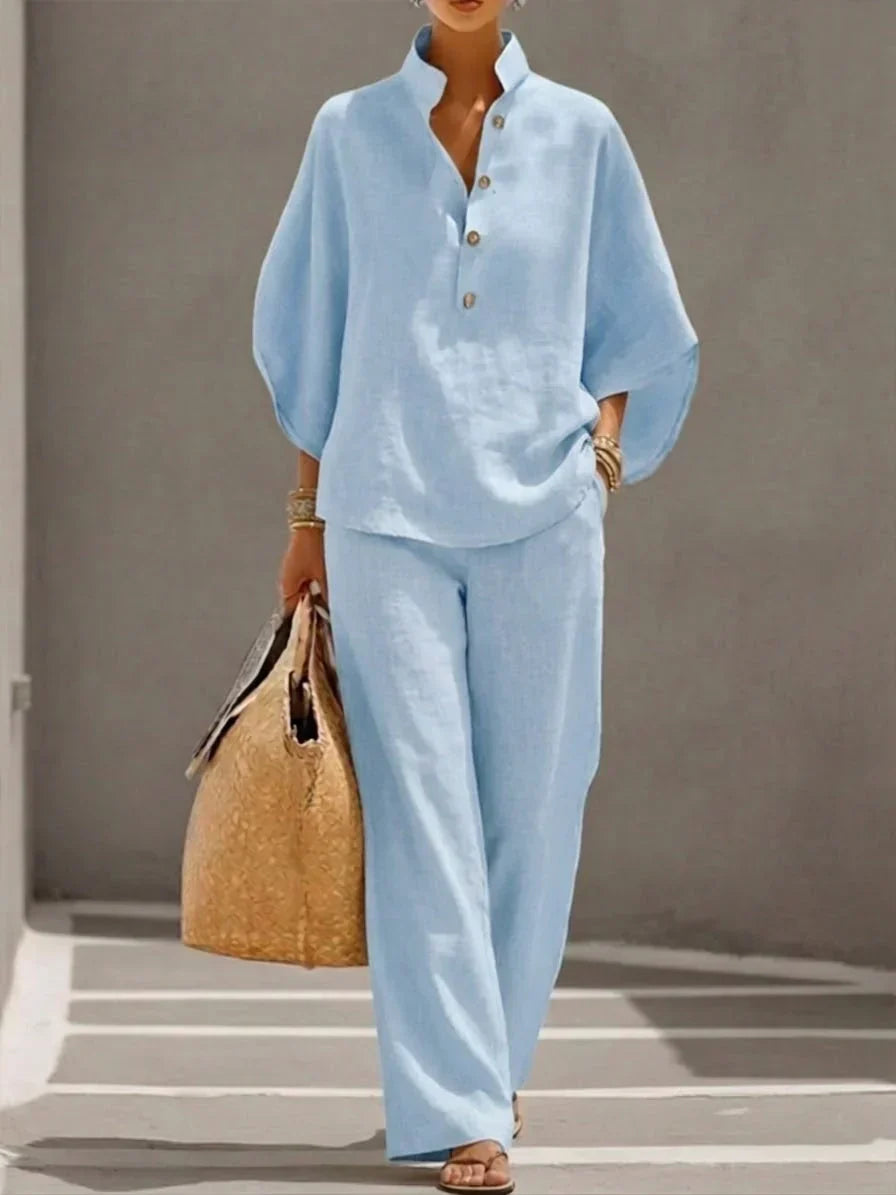 Sofía | Conjunto de Efecto Lino con Mangas Murciélago y Pantalón Ancho