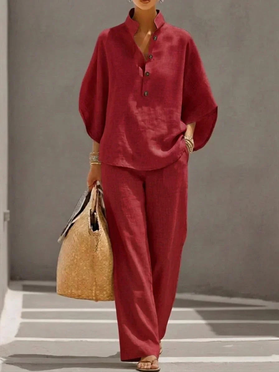 Sofía | Conjunto de Efecto Lino con Mangas Murciélago y Pantalón Ancho