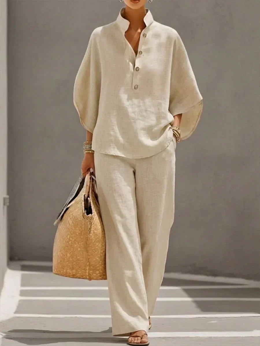 Sofía | Conjunto de Efecto Lino con Mangas Murciélago y Pantalón Ancho
