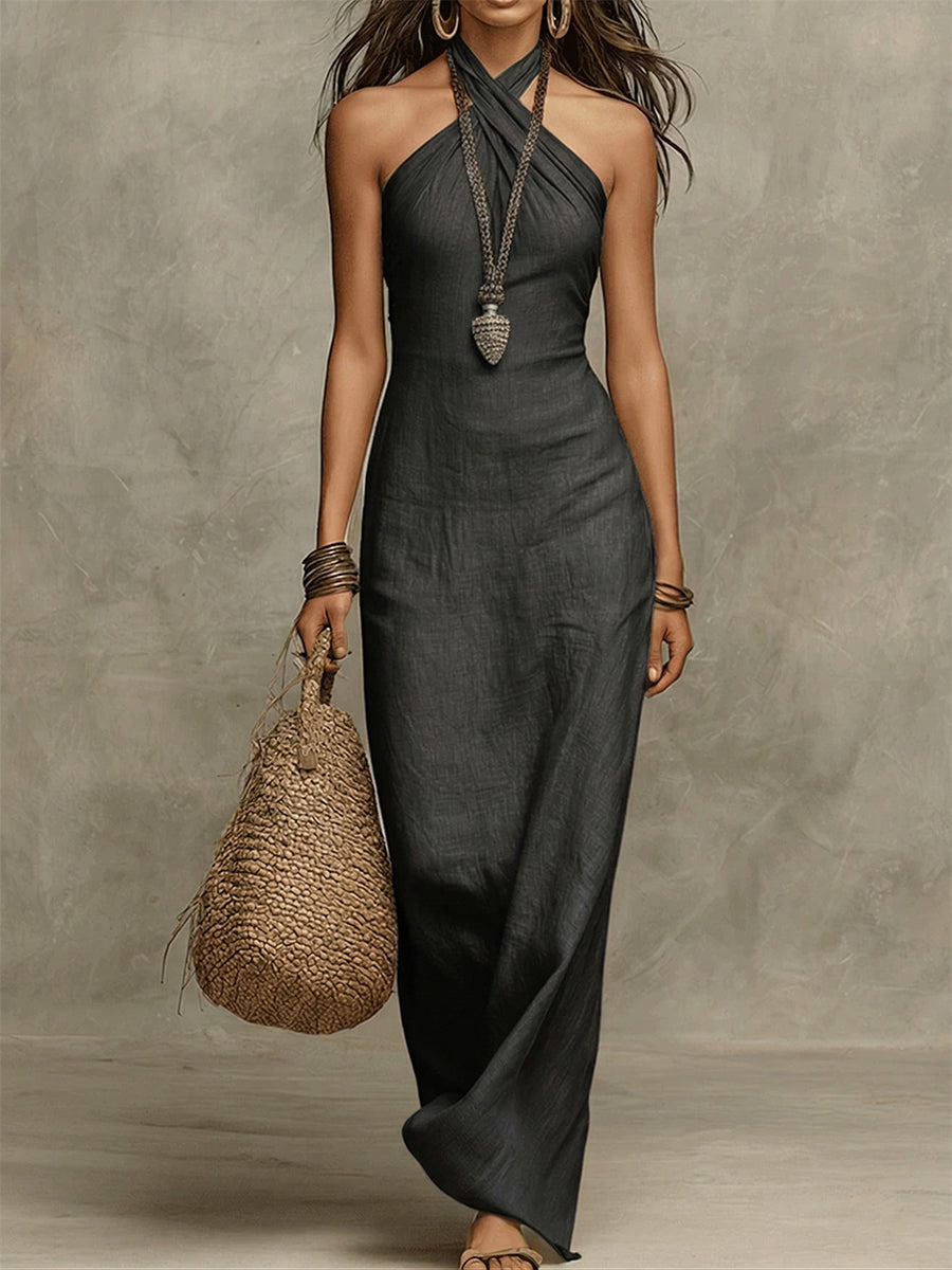Avelina™ | Vestido Largo de Algodón y Lino con Cuello Americano