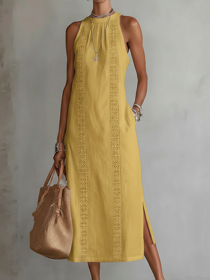 Jimena | Vestido Midi Relajado Bordado con Cuello Mao