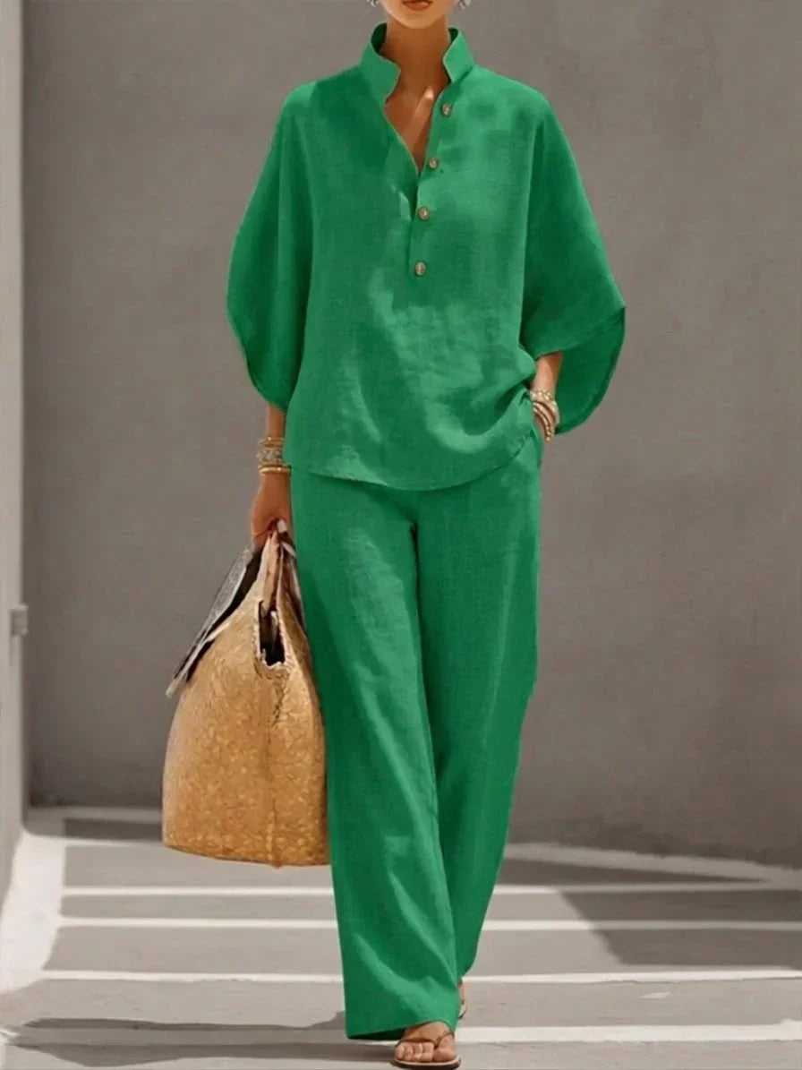 Sofía | Conjunto de Efecto Lino con Mangas Murciélago y Pantalón Ancho