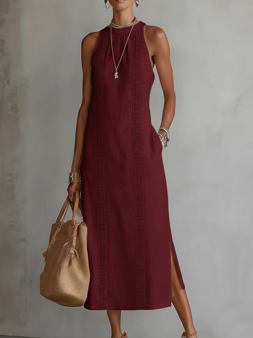Jimena | Vestido Midi Relajado Bordado con Cuello Mao